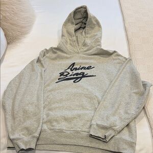 Anine Bing Light Gray Hoodie with Navy Script Logo